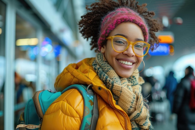 femme heureuse dans des vêtements confortables et des écouteurs dans l'aéroport en utilisant un smartphone généré par l'IA