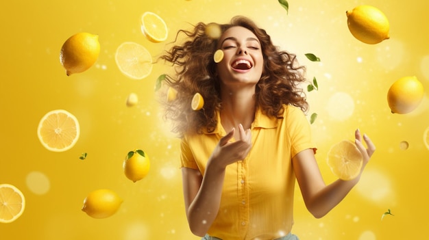 une femme heureuse debout sur le fond du citron