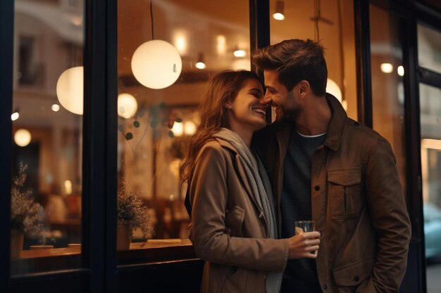 Une femme heureuse embrasse un homme dans un café.