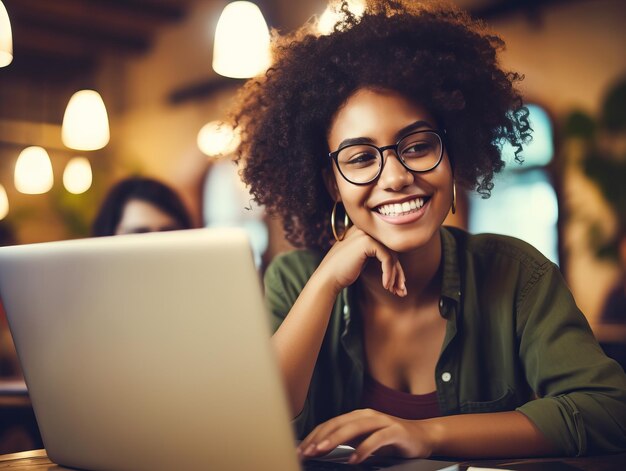 Photo femme heureuse étudiante mignonne qui regarde heureuse son ordinateur portable en classe