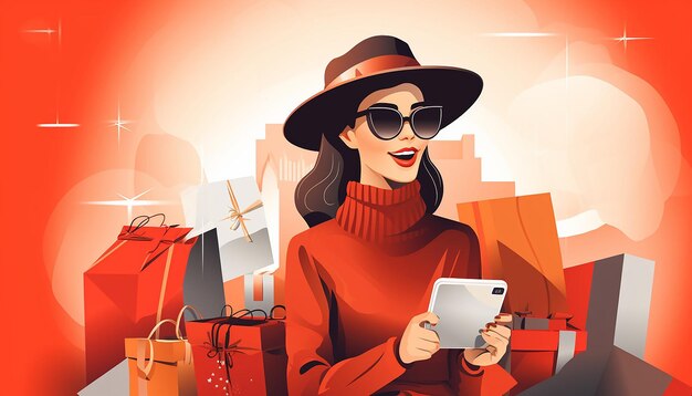 femme heureuse, faire du shopping depuis un téléphone, vendredi noir, achats en ligne à prix réduits