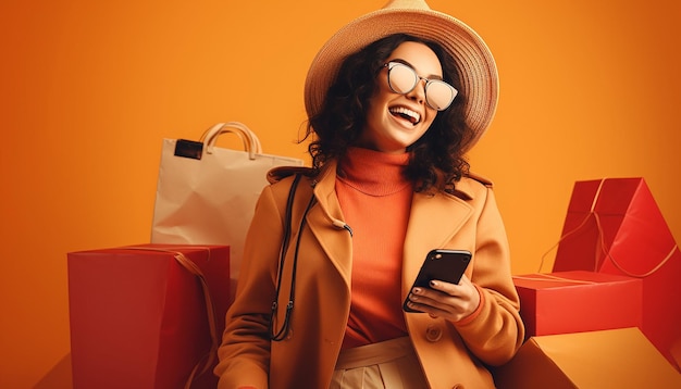 Photo femme heureuse, faire du shopping depuis un téléphone, vendredi noir, achats en ligne à prix réduits