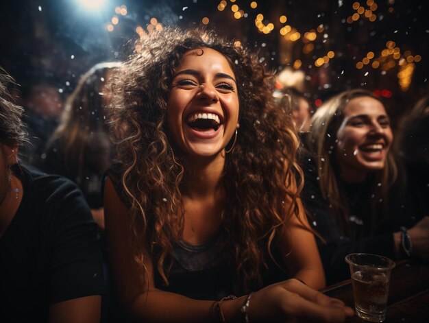 Une femme heureuse à une fête de boîte de nuit célébrant le compte à rebours de la nouvelle année.