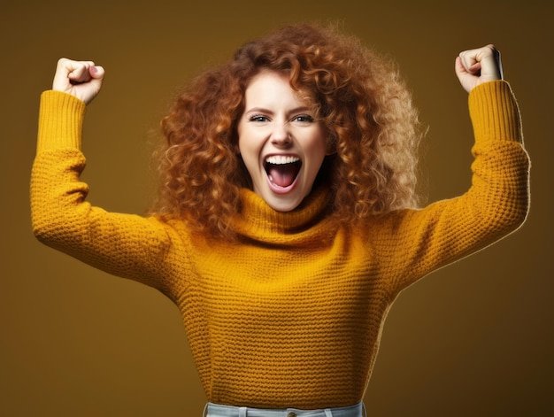 Photo une femme heureuse fête sur un fond solide