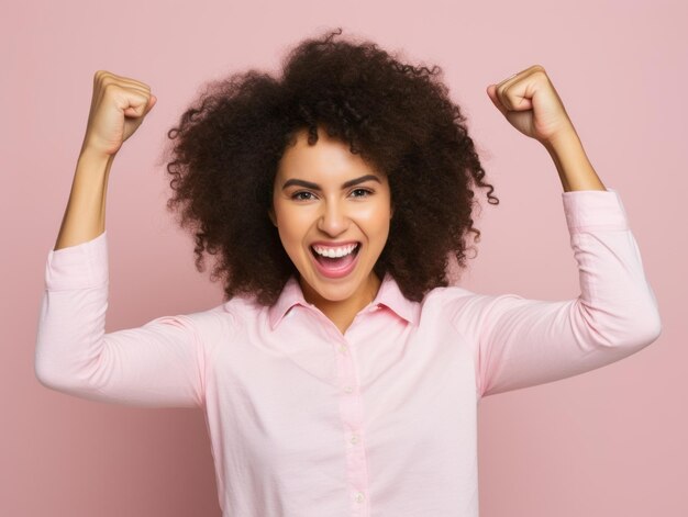 Une femme heureuse fête sur un fond solide