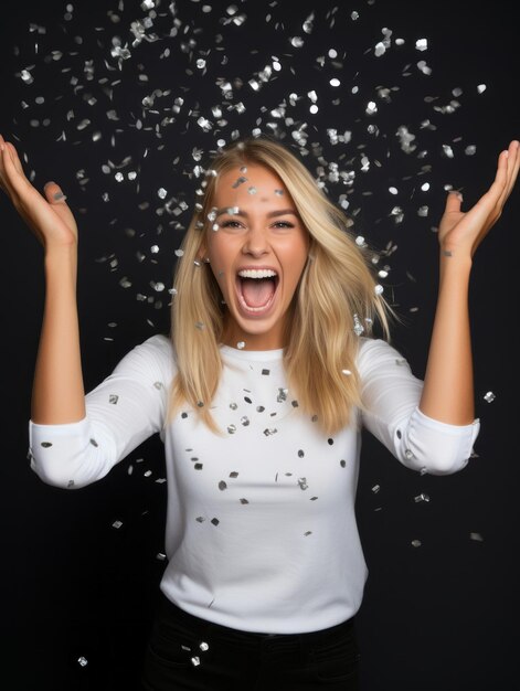 Une femme heureuse fête sur un fond solide