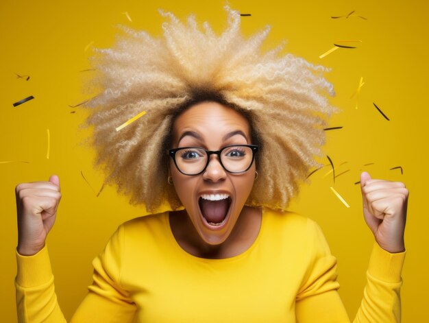 Une femme heureuse fête sur un fond solide