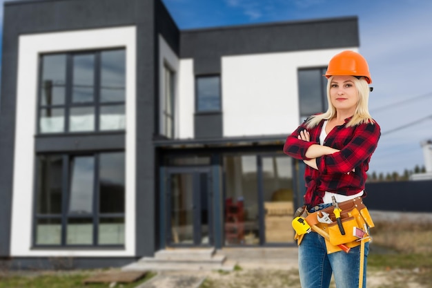 Femme heureuse sur le fond d'une nouvelle maison. Portrait d'un premier acheteur, d'un propriétaire de maison, d'un locataire d'appartement, d'un locataire d'appartement ou d'une propriétaire. Jour du déménagement et achat d'un concept de propriété.