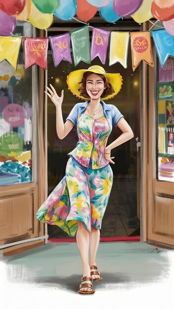 Une femme heureuse et joyeuse dans un magasin de présentation décontracté