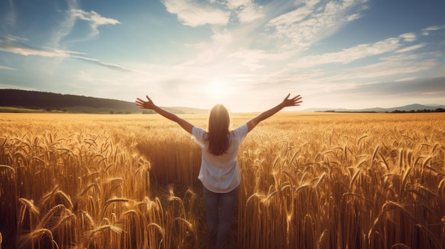Femme heureuse et joyeuse levant les bras dans un champ rural femme louant ou vénérant au coucher du soleil