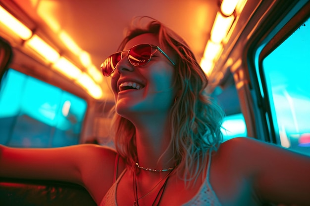 Photo une femme heureuse avec des lunettes de soleil jaunes profitant d'un voyage en van