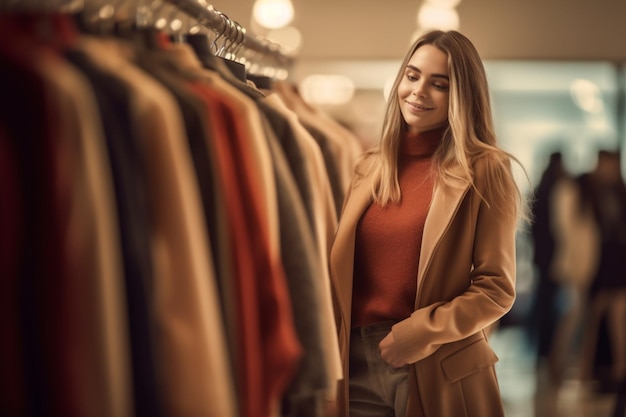 Une femme heureuse à la mode et qui les choisit dans un magasin moderne avec une IA générative