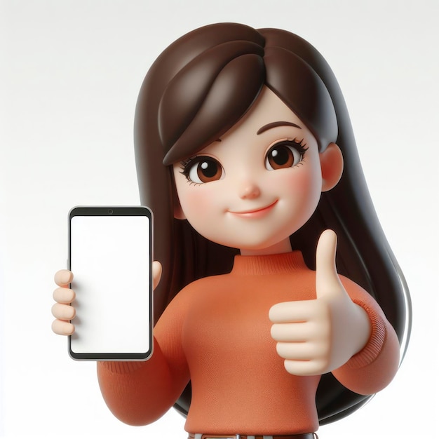 Femme heureuse montrant le pouce vers le haut personnage de dessin animé de style 3D tenant un smartphone sur un fond blanc solide ai génératif