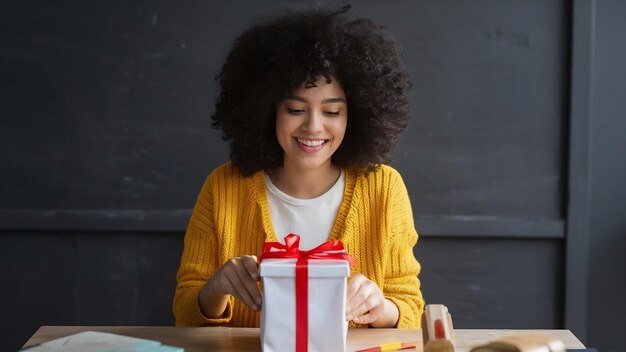 Une femme heureuse ouvrant le cadeau.