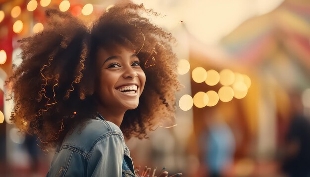 Une femme heureuse à la peau noire souriante dans un parc d'attractions.
