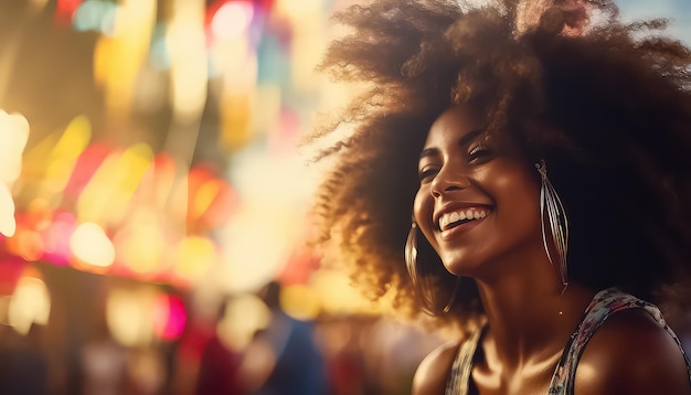 Une femme heureuse à la peau noire souriante dans un parc d'attractions.