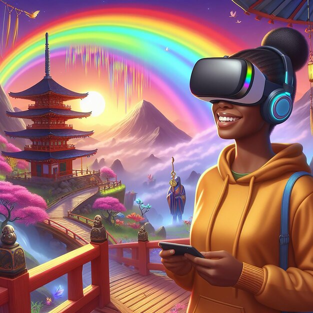 Photo une femme heureuse portant un casque vr dans un shangrila avec une ai d'art numérique arc-en-ciel générée par bing