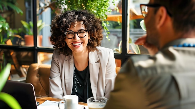 Photo une femme heureuse portant des lunettes sourit et prend une pause-café avec des collègues