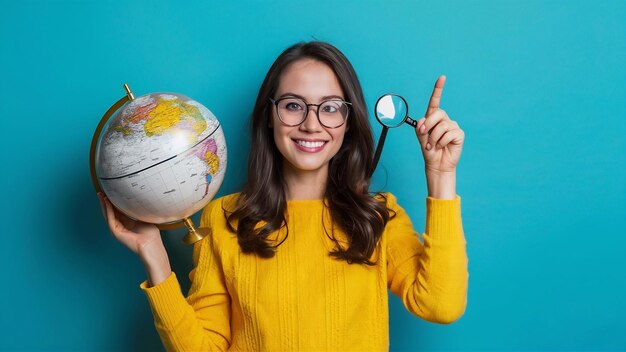 Photo une femme heureuse posant avec un globe et une loupe tout en montrant une photo de haute qualité