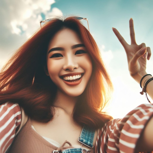 Une femme heureuse prenant un selfie avec le ciel en arrière-plan