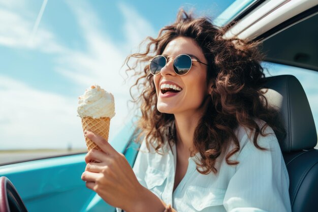 Femme heureuse profitant des vacances d'été en voyage sur la route AI Generative