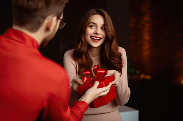 une femme heureuse recevant une boîte cadeau d'une autre personne dans le style de valentin rekunenko