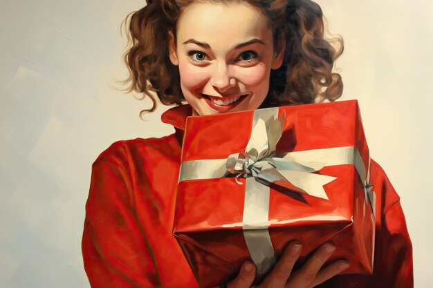 une femme heureuse remettant à quelqu'un une boîte à cadeaux rouge dans le style de l'appropriation subversive romantique