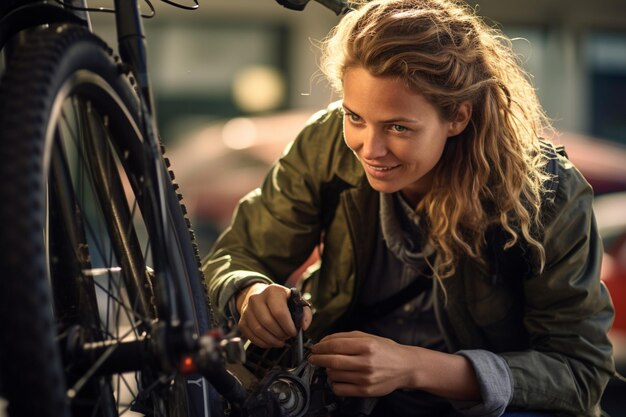 Une femme heureuse réparant un vélo sur un porte-vélo avec une IA générative