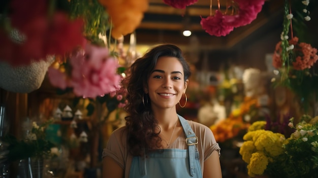 Une femme heureuse représentée debout dans sa boutique de fleurs Generative Ai