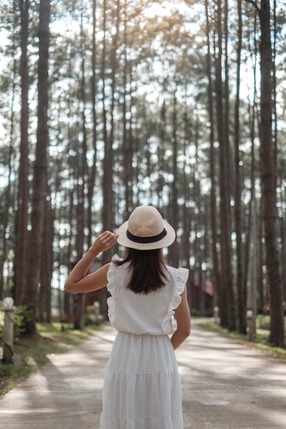 Femme heureuse en robe blanche et chapeau voyageant dans la forêt de pins visite touristique à Doi Bo Luang Chiang Mai Thaïlande Point de repère et populaire pour les attractions touristiques Concept de vacances et de voyage