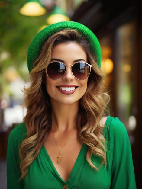 Une femme heureuse avec une robe de Saint Patrick et des lunettes de soleil souriante le jour de Saint Patrick