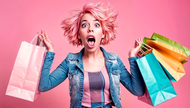 Femme heureuse avec des sacs de shopping après le shopping Femme avec des achats en rose