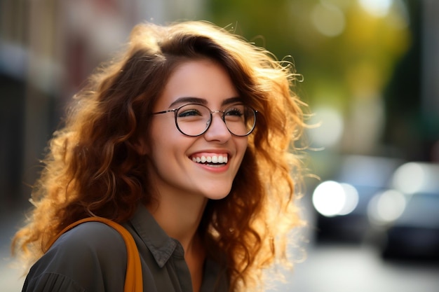 Une femme heureuse et satisfaite portant des lunettes représentée sur fond blanc Generative Ai