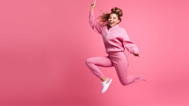Une femme heureuse saute sur un fond rose.
