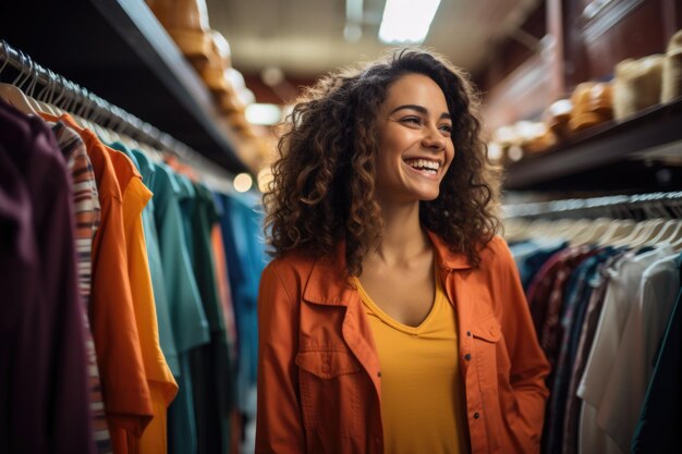 Une femme heureuse se tient dans un magasin de mode en train de choisir des vêtements à acheter. Une femme souriante se tient près des couvertures avec des vêtements de marque et rit.