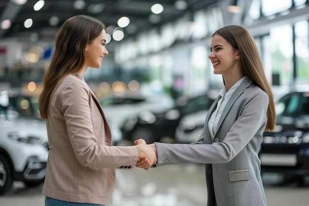 Une femme heureuse serrant la main d'un vendeur après avoir acheté une nouvelle voiture dans une salle d'exposition.