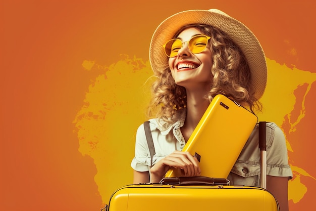 Une femme heureuse avec ses valises et ses bagages pour commencer ses vacances isolée sur fond orange avec espace de copie Ai généré