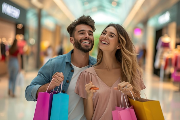 Une femme heureuse et son petit ami apprécient la journée de shopping au centre commercial.