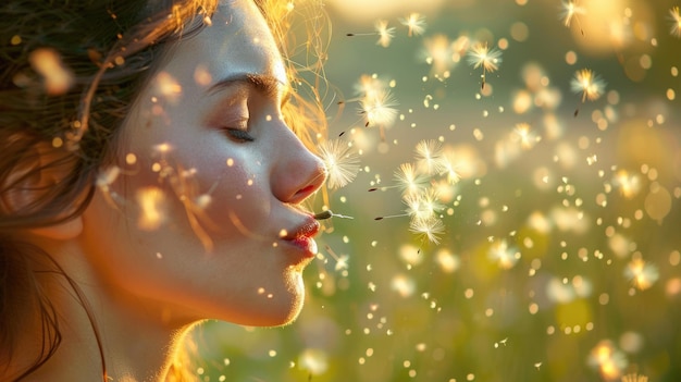 Une femme heureuse soufflant des pissenlets, un geste amusant capturé en macrophotographie.