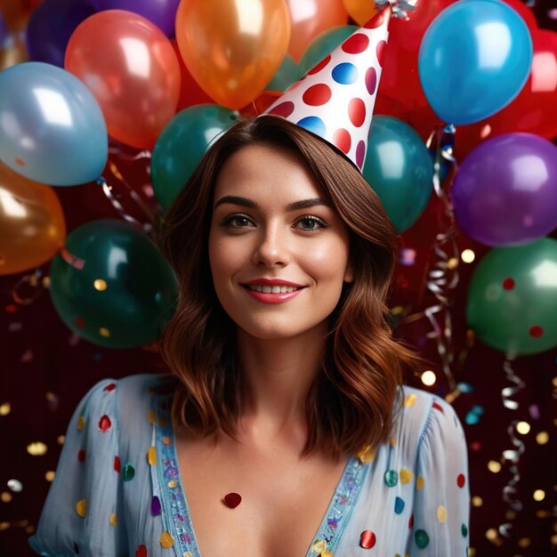 Une femme heureuse et souriante avec un chapeau de fête, des confettis et des ballons.