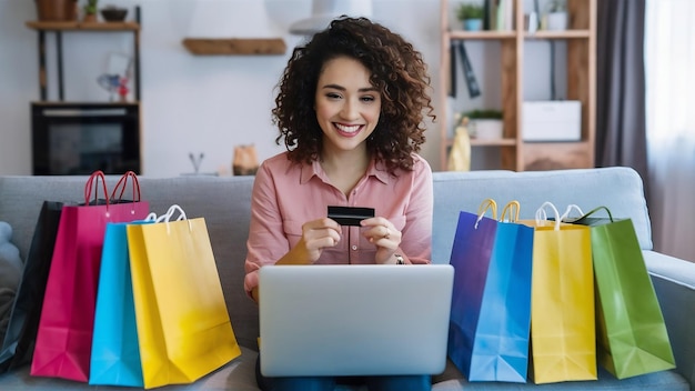 Une femme heureuse et souriante en chemise rose sur le canapé à la maison parmi des sacs d'achat colorés tenant une carte de crédit