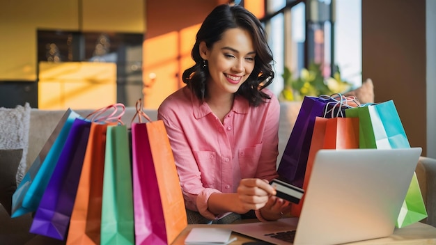 Une femme heureuse et souriante en chemise rose sur le canapé à la maison parmi des sacs d'achat colorés tenant une carte de crédit