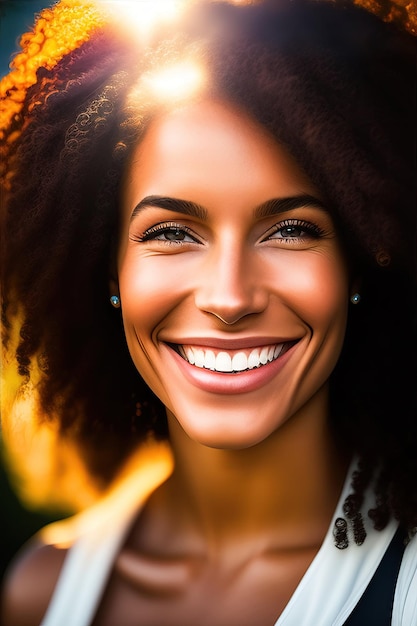 Une femme heureuse et souriante éclairée par le soleil Un sourire doux Bien-être et santé mentale