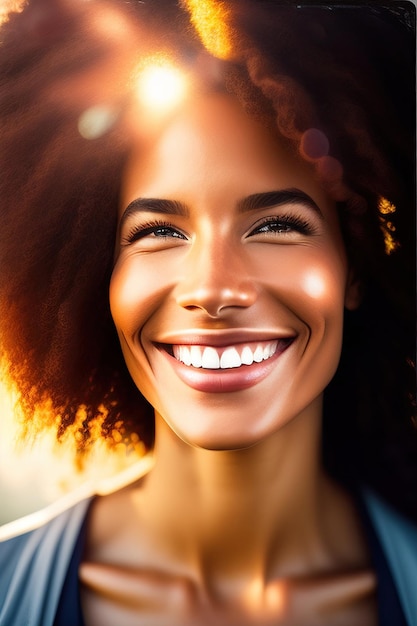 Une femme heureuse et souriante éclairée par le soleil Un sourire doux Bien-être et santé mentale