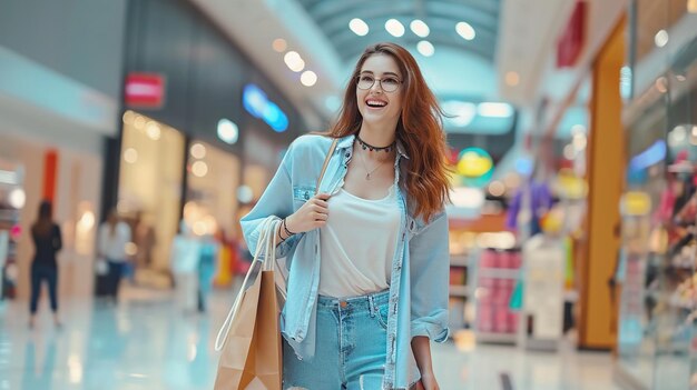 Photo une femme heureuse et souriante faisant ses courses avec des sacs marche dans le centre commercial.