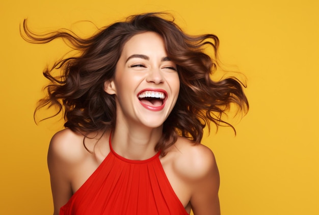 Une femme heureuse souriante sur un fond jaune