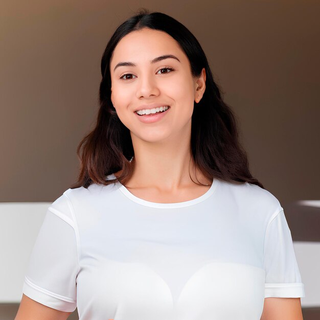 Une femme heureuse et souriante en maquette de t-shirt blanc