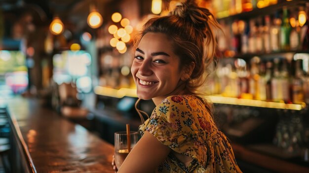 Une femme heureuse et souriante se détendant dans un bar Concept de plaisir et de loisirs Expression faciale joyeuse et positive