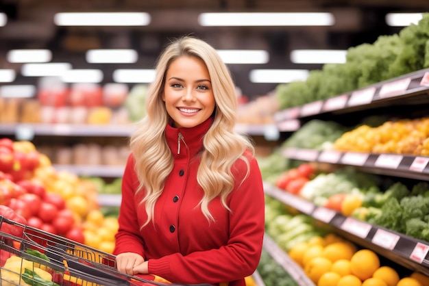 Photo une femme heureuse souriante tenant un panier de légumes dans un couloir d'épicerie avec une variété de fruits et de légumes