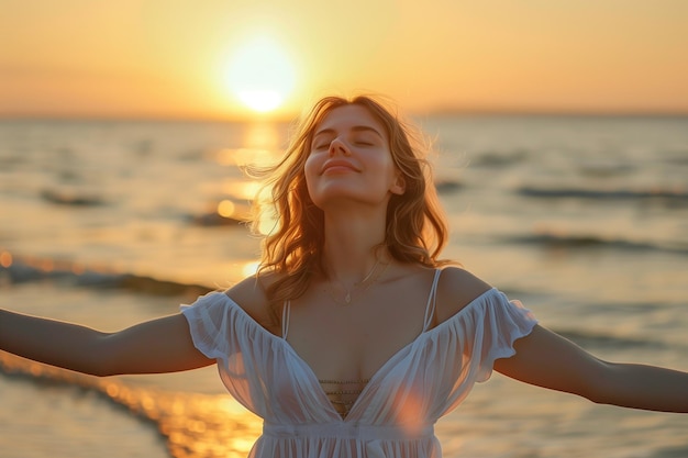 Une femme heureuse avec un sourire calme dans un portrait rétroéclairé